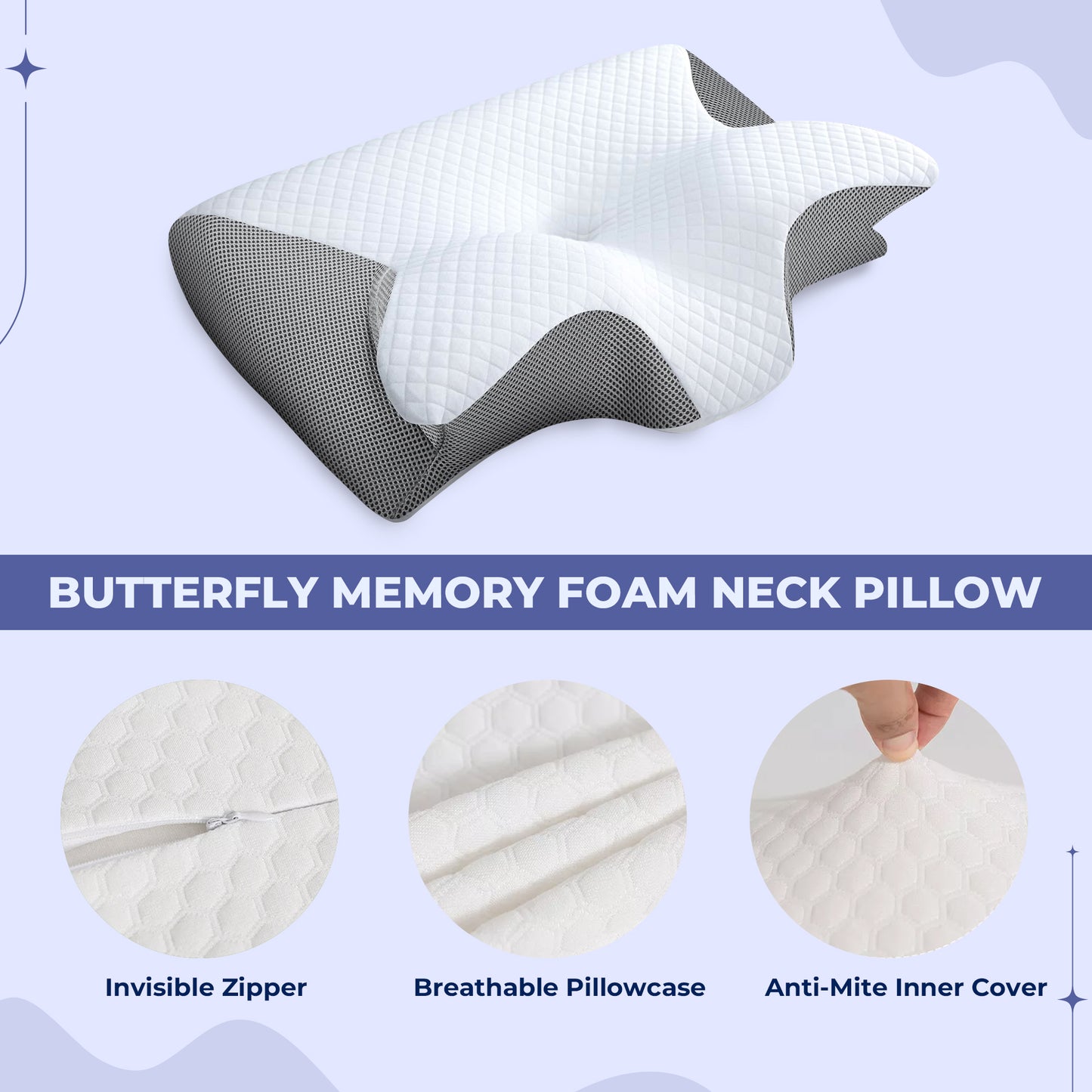 Memory Foam Neck Butterfly Shape Pillow with Armrests for Side & Back Sleepers