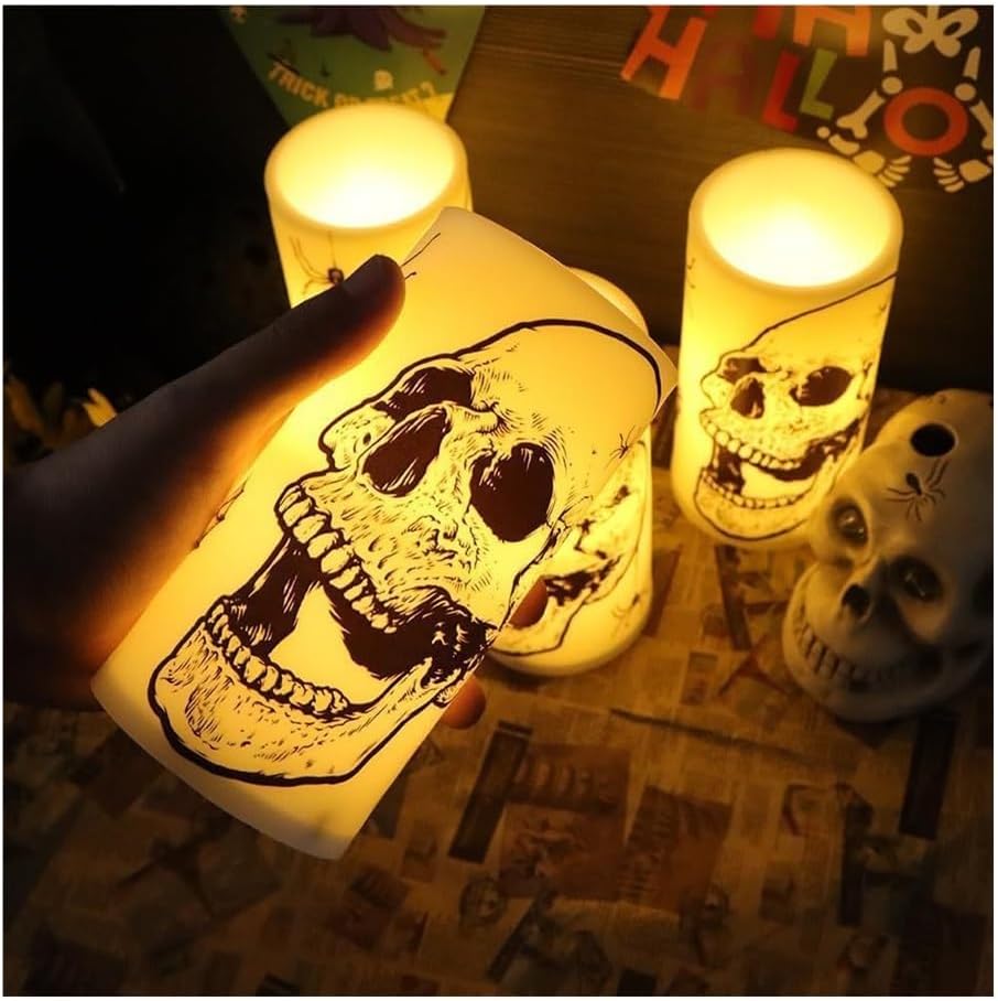 SPOOKY HALLOWEEN CANDLES - SET OF 3 FLICKERING LED WITH SKULL, SPIDER WEB, CROW