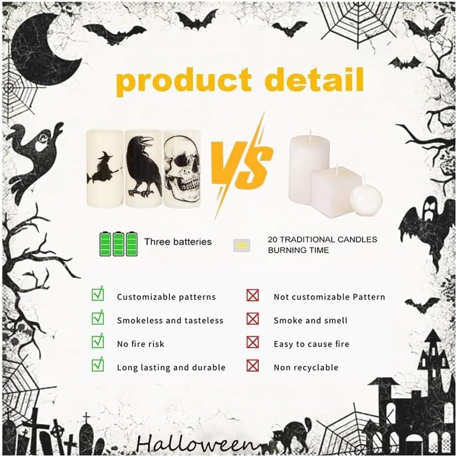 SPOOKY HALLOWEEN CANDLES - SET OF 3 FLICKERING LED WITH SKULL, SPIDER WEB, CROW