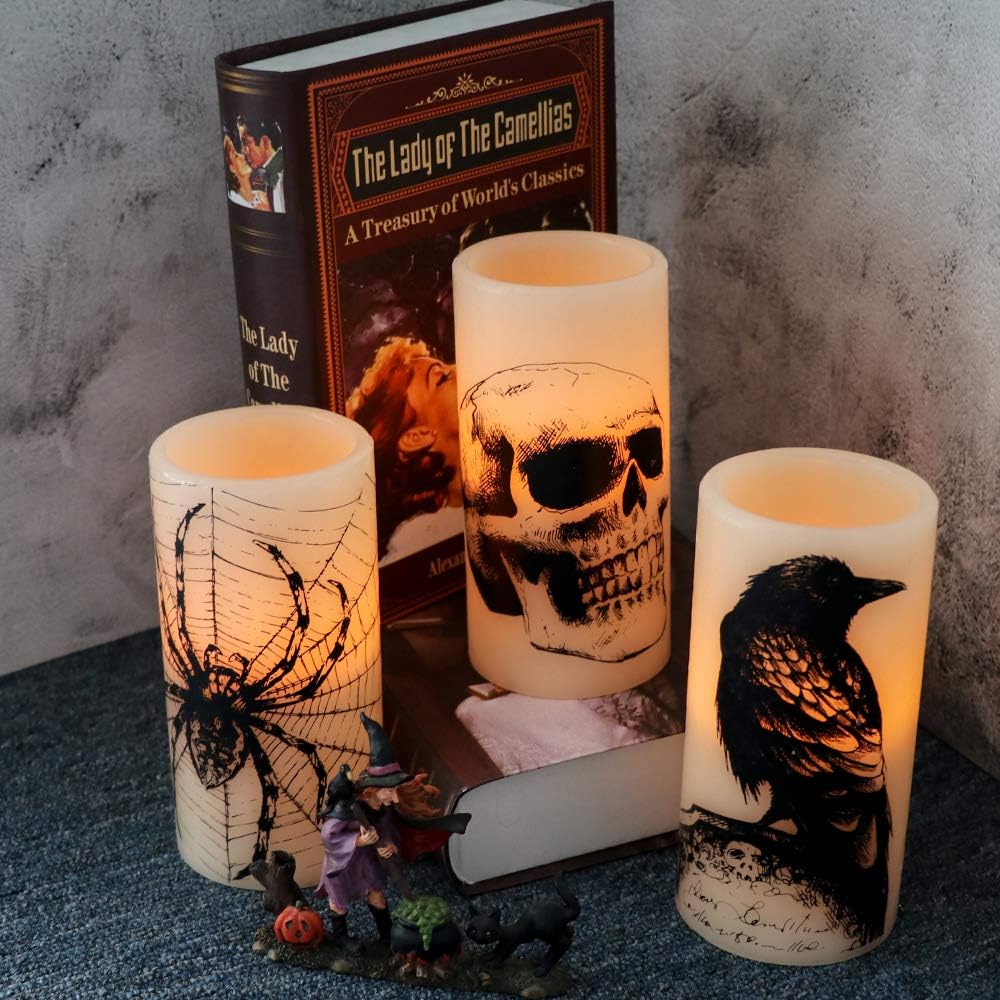 SPOOKY HALLOWEEN CANDLES - SET OF 3 FLICKERING LED WITH SKULL, SPIDER WEB, CROW
