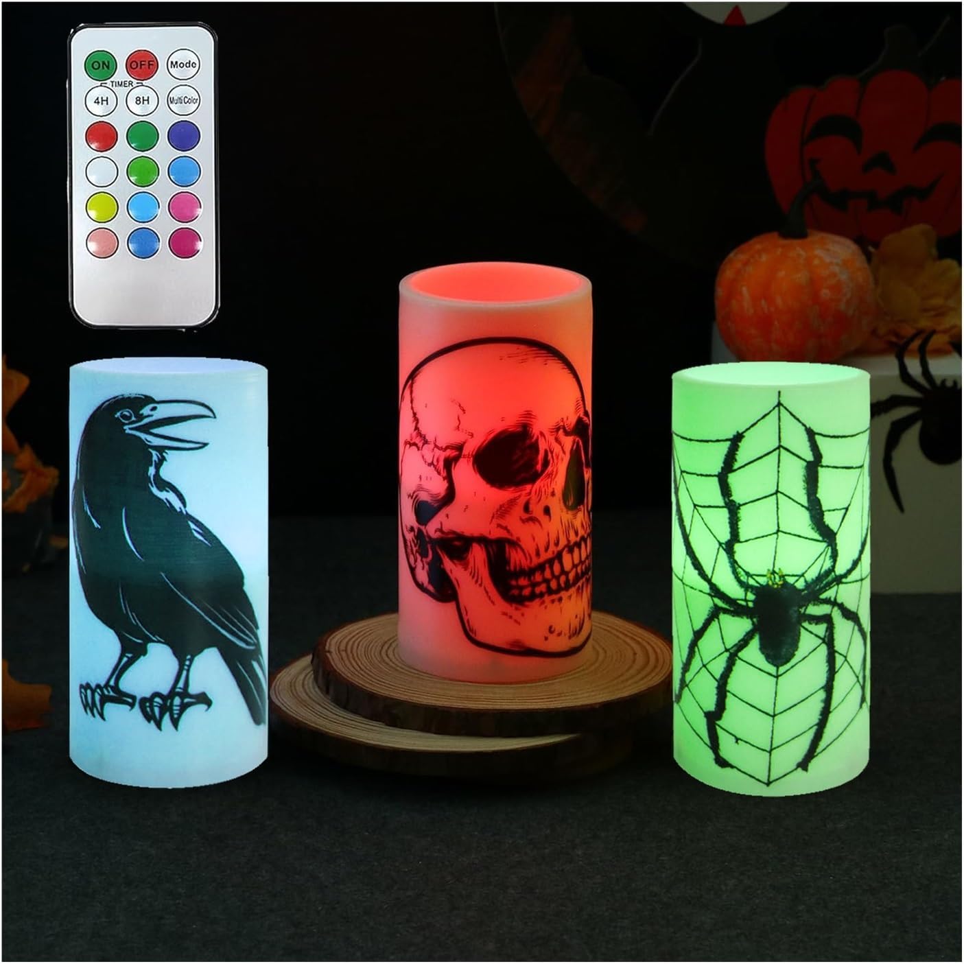SPOOKY HALLOWEEN CANDLES - SET OF 3 FLICKERING LED WITH SKULL, SPIDER WEB, CROW