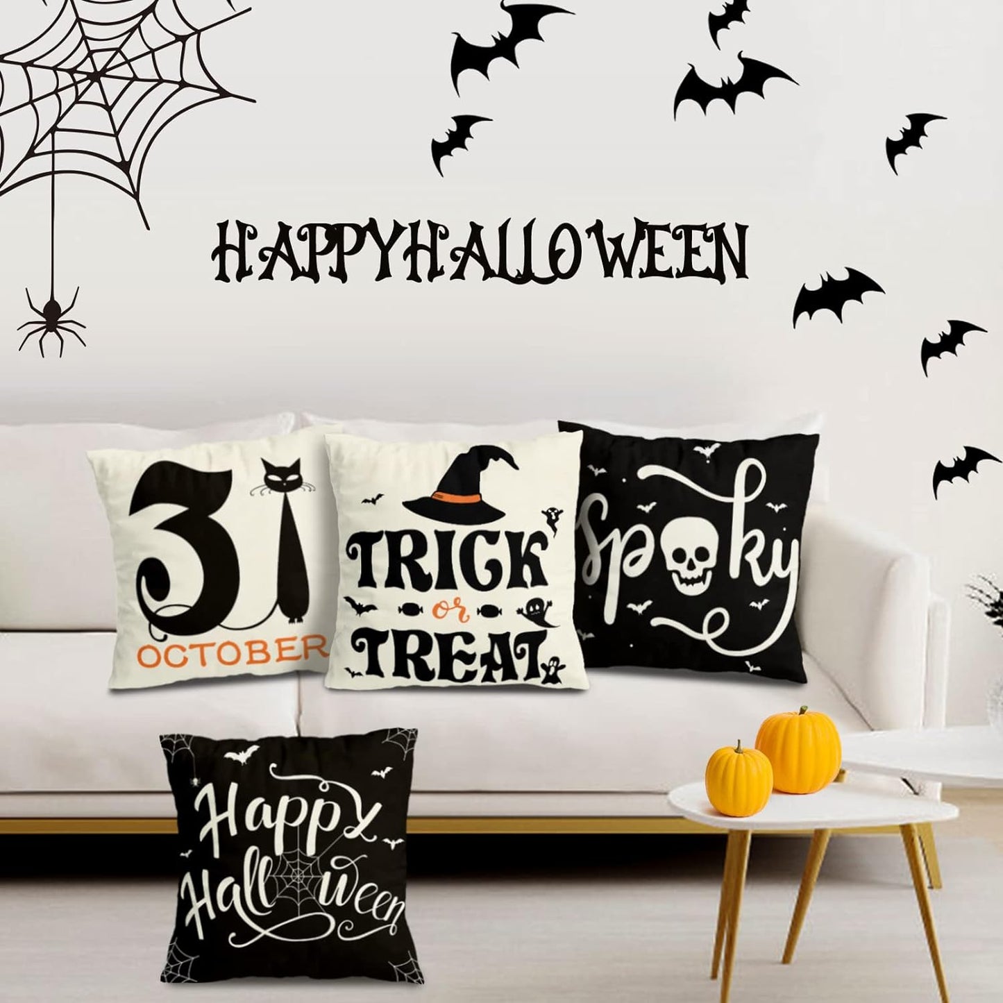 Set Of 4 Halloween Pillow Covers - Spider Web, Cat, Skull Decorative Cushion Cases (45 x 45 CM)