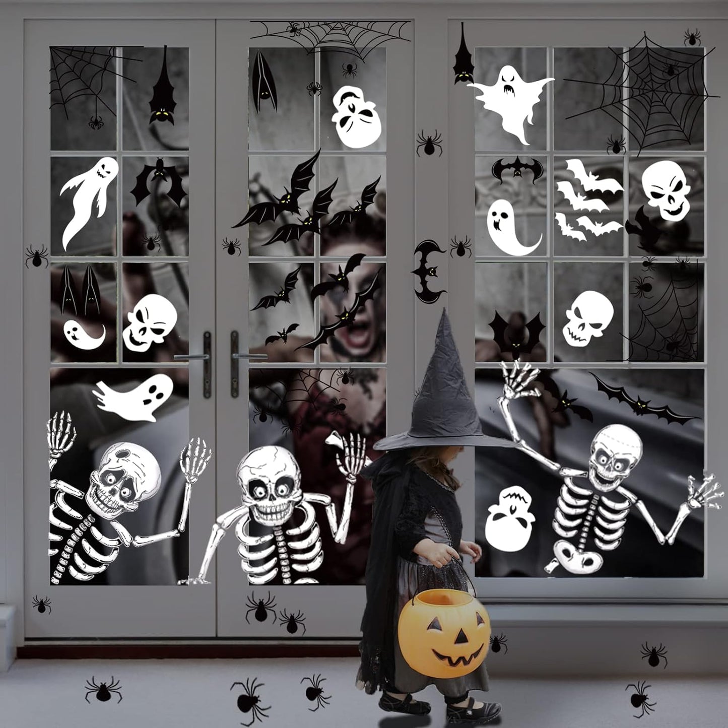 140PCS Halloween Window Clings Decor - Double-Sided Removable Stickers For Indoor Halloween Party Decorations