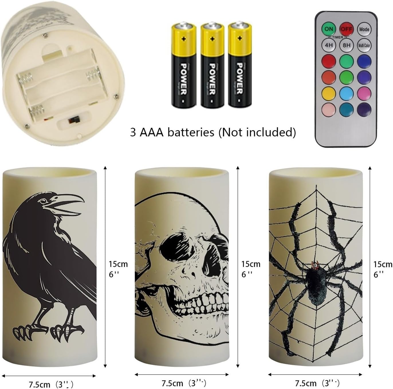 SPOOKY HALLOWEEN CANDLES - SET OF 3 FLICKERING LED WITH SKULL, SPIDER WEB, CROW