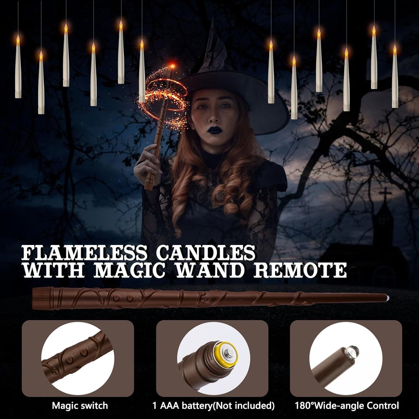 HALLOWEEN DECORATION CANDLES - 20PCS FLOATING CANDLES WITH WAND REMOTE -