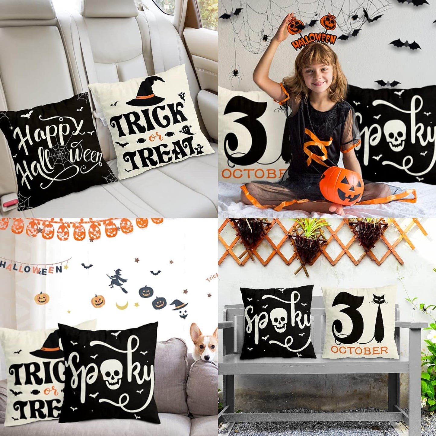 Set Of 4 Halloween Pillow Covers - Spider Web, Cat, Skull Decorative Cushion Cases (45 x 45 CM)