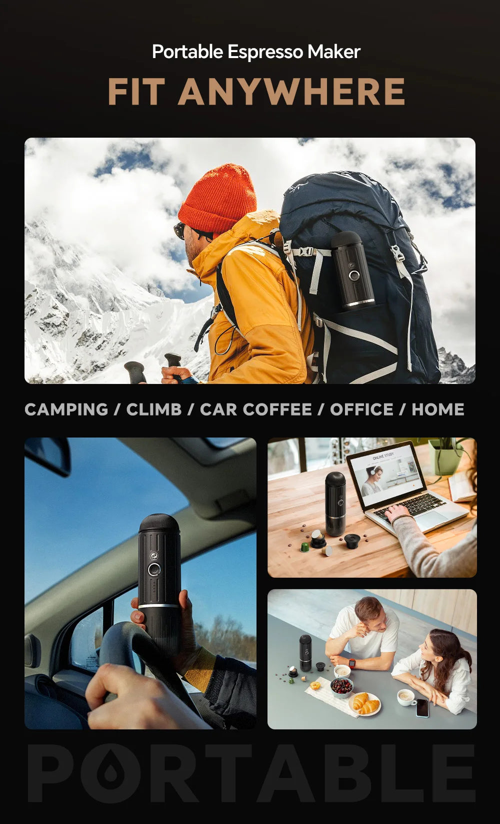 Self-Heating Portable Electric Espresso Machine with USB-C Charger For Ground Coffee & NS Capsules