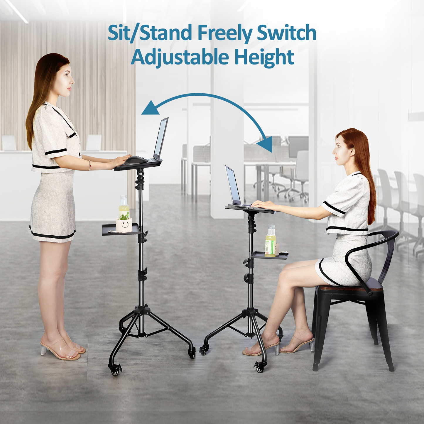 Adjustable Folding Laptop Table Stand with detachable tyres and 2 Trays for Comfort everywhere