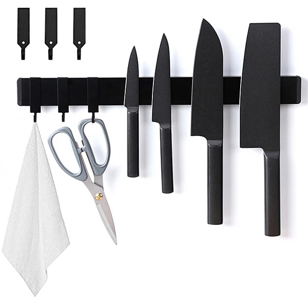 Magnetic No Drill Knife Holder - Wall Mount Magnet Strip with Hooks