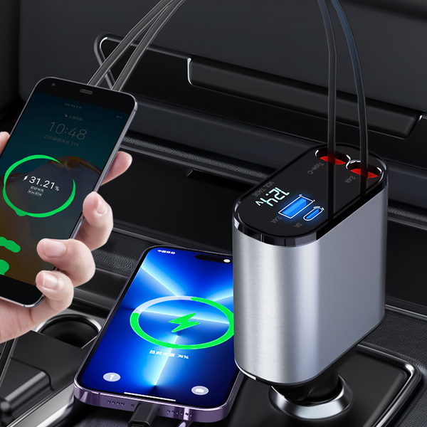 Fast Car Phone Charger - 60W Power with Convenient Cable Management for iPhone & Android both