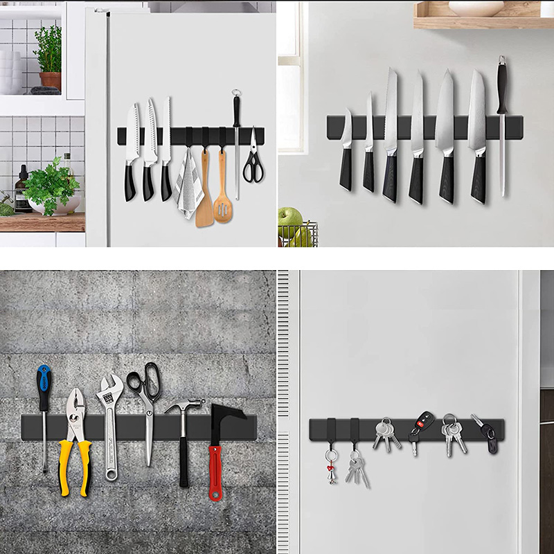 Magnetic No Drill Knife Holder - Wall Mount Magnet Strip with Hooks