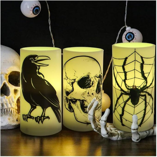 SPOOKY HALLOWEEN CANDLES - SET OF 3 FLICKERING LED WITH SKULL, SPIDER WEB, CROW