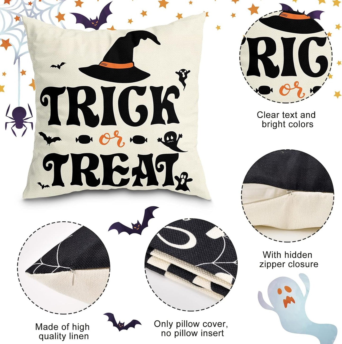 Set Of 4 Halloween Pillow Covers -  Spider Web, Cat, Skull Decorative Cushion Cases (45 x 45 CM)