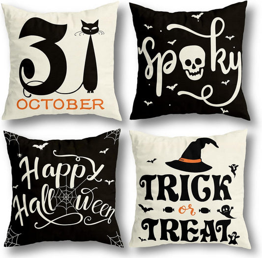 Set Of 4 Halloween Pillow Covers -  Spider Web, Cat, Skull Decorative Cushion Cases (45 x 45 CM)