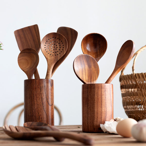 Natural Wood Tableware and Kitchen Tool Set - Non-Scratch & Easy to Clean