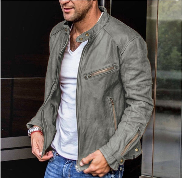 Slim-Fit Motorcycle Leather Jacket with Stand Collar - Windproof Design for Autumn Rides